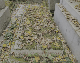 Nagrobek rodzin Gaffre, Givatowski i Vinocur z lekko skośną płaską płytą pokrytą mchem i opadłymi liśćmi.