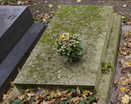 Nagrobek Charlesa i Lucie Pawlotskich z żardinierą schodkowo skośną na cokole. Płaska płyta pokryta mchem z inskrypcją. Na wierzchu stoi doniczka z kwiatami.