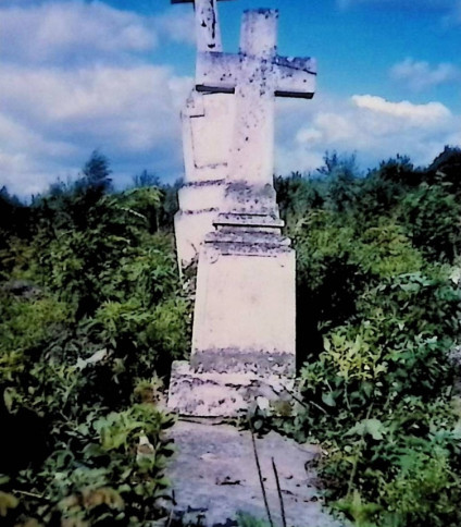 Nagrobek z zwężającym się cokołem i fazowanym krzyżem u wezgłowia, otoczony zarośniętą roślinnością. Cokół ma profilowane górne krawędzie i wyryte ramy z dwóch stron.