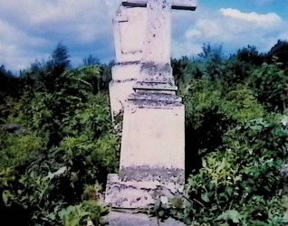 Nagrobek z zwężającym się cokołem i fazowanym krzyżem u wezgłowia, otoczony zarośniętą roślinnością. Cokół ma profilowane górne krawędzie i wyryte ramy z dwóch stron.