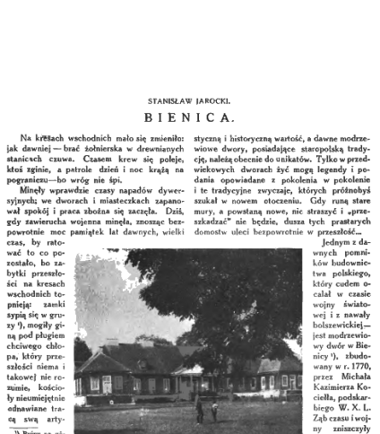 Strona z numeru 'Ziemia' z 1929 roku z artykułem o Bienicy. Zawiera fotografię modrzewiowego dworu zbudowanego w 1770 roku przez Michała Kazimierza Kociełła oraz tekst opisujący jego architekturę i historię.