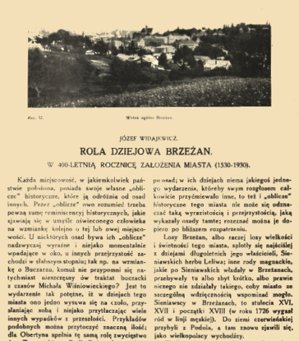 Strona z magazynu 'Ziemia', 1930, z artykułem 'Rola dziejowa Brzeżan' i czarno-białą fotografią ogólnego widoku Brzeżan na górze.