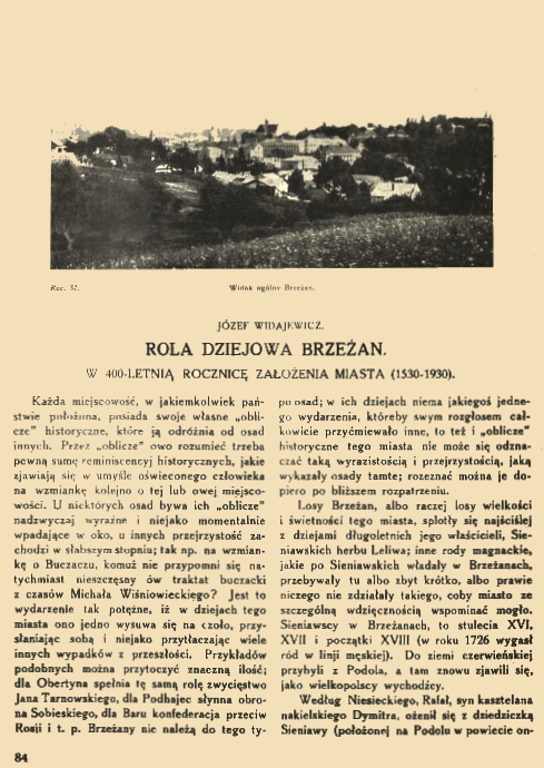 Strona z magazynu 'Ziemia', 1930, z artykułem 'Rola dziejowa Brzeżan' i czarno-białą fotografią ogólnego widoku Brzeżan na górze.