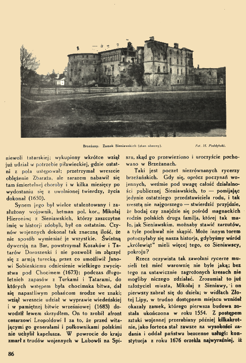 Fotografia zamku Sieniawskich w Brzeżanach, 1930. Zamek wydaje się częściowo zrujnowany, otoczony drzewami. Poniżej zdjęcia znajduje się tekst po polsku opisujący wydarzenia historyczne związane z Brzeżanami.