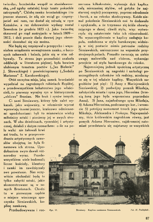 Strona z numeru czasopisma 'Ziemia' z 1930 roku z artykułem o historii Brzeżan. Zawiera fotografię kaplicy rodziny Sieniawskich, budynku z dwoma kopułami i centralnym wejściem.