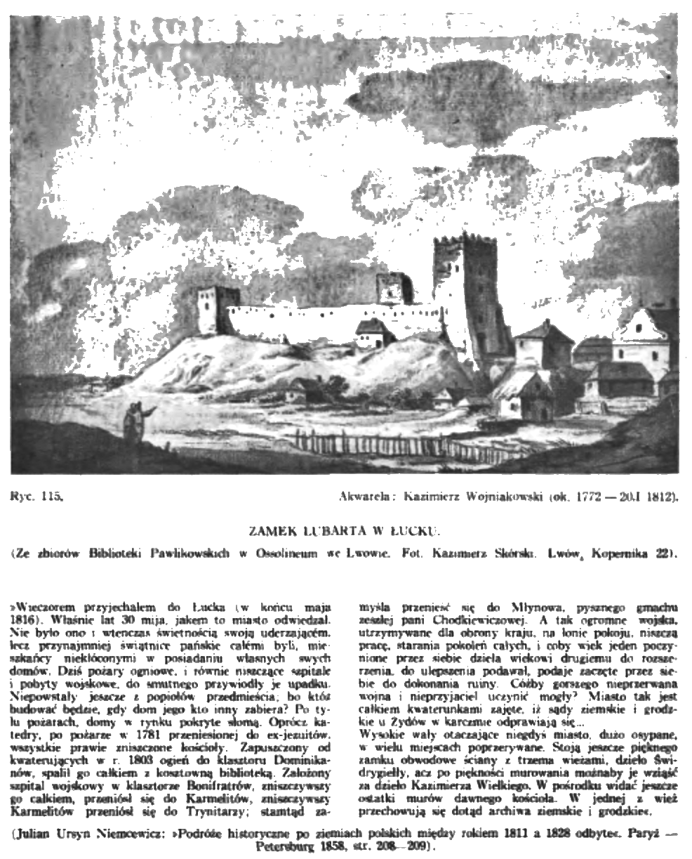 Aquarelle du château de Lubart à Loutsk par Kazimierz Wojniakowski, montrant le château sur une colline avec des bâtiments environnants et une figure au premier plan. Publié dans le magazine 'Ziemia', 1937.