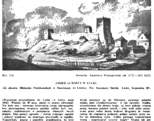 Akwarela zamku Lubarta w Łucku autorstwa Kazimierza Wojniakowskiego, przedstawiająca zamek na wzgórzu z otaczającymi budynkami i postacią na pierwszym planie. Opublikowane w czasopiśmie 'Ziemia', 1937.