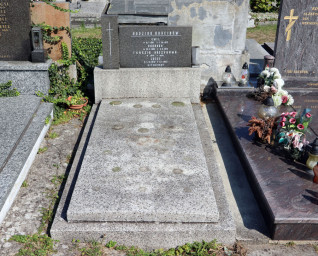 Nagrobek rodziny Krucinów z inskrypcją na steli na cokole. Z lewej przylega prostopadłościenny bloczek z rytym krzyżem. Grób otoczony innymi nagrobkami i zielenią.