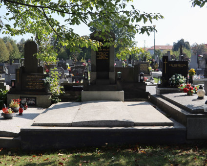 Nagrobek rodziny Polok z aediculą na dwustopniowym cokole, z wyrytym krzyżem na promienistej glorii. Otoczony innymi grobami z kwiatami i świecami.