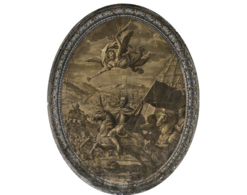 Médaillon ovale représentant le roi Jean III Sobieski à cheval lors de la bataille de Vienne. Le roi tient une bannière capturée, avec une figure ailée au-dessus soufflant dans une trompette. La scène se déroule sur un champ de bataille.