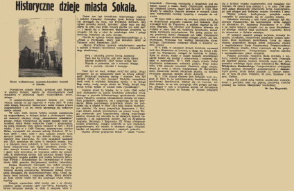 Nowo wybudowany kościół rzymskokatolicki w Sokalu z wysoką wieżą, przedstawiony w artykule historycznym o mieście. Tekst omawia historię Sokala, w tym wojny i budowę kościoła.