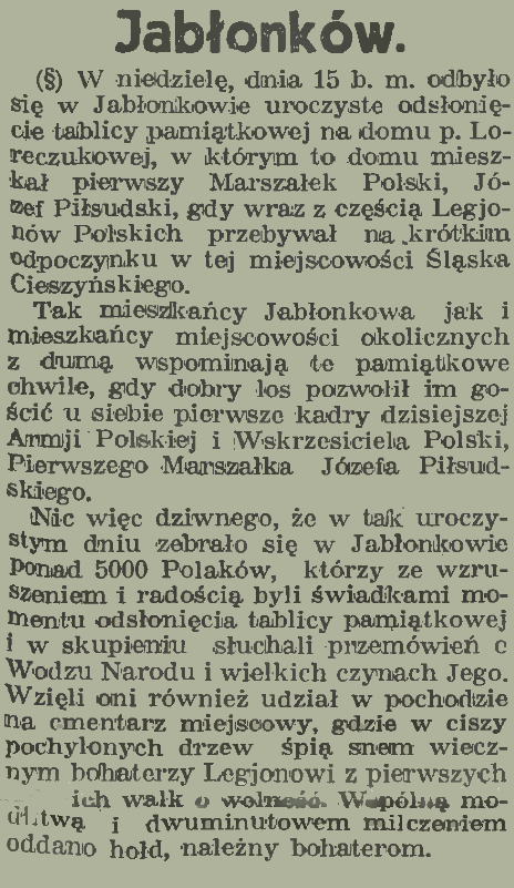 Fotografia przedstawiająca Odsłonięcie tablicy Marszałka Piłsudskiego w Jabłonkowie