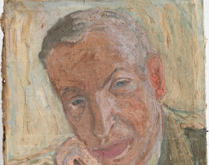 Portret olejny mężczyzny w średnim wieku w zielonej marynarce i krawacie, opierającego głowę na prawej dłoni z delikatnym uśmiechem. Obraz jest niesygnowany i ma widoczną fakturę.