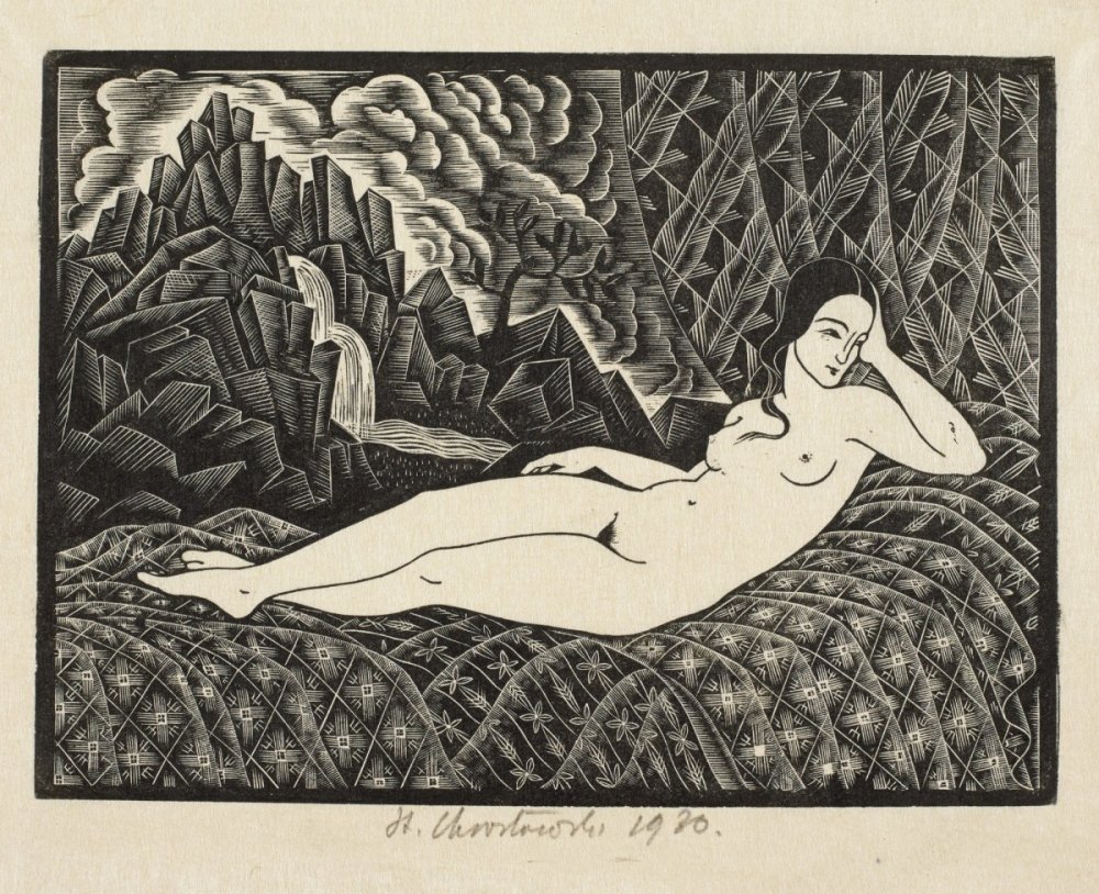 Woodcut depicting a reclining nude woman on a patterned surface, with a mountainous landscape and waterfall in the background. Signed by the artist at the bottom.