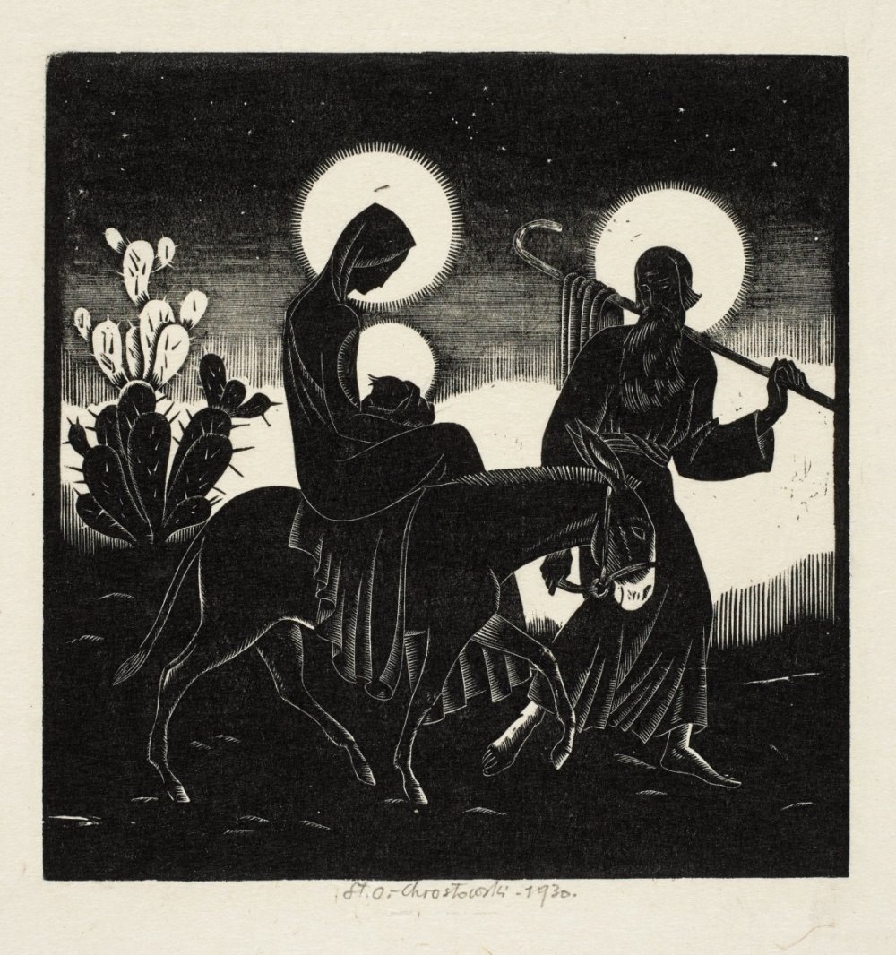 Woodcut depicting a biblical scene with a man leading a donkey carrying a woman and child, both with halos. A cactus is visible in the background. Created by Stanislaw Ostoja-Chrostowski in 1930.