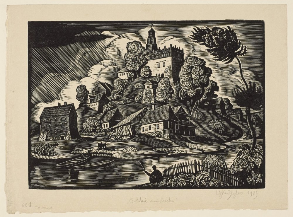 Woodcut depicting a village with a castle on a hill, surrounded by trees and houses. A river flows in the foreground with boats and a person sitting by the water. The sky is filled with swirling clouds.