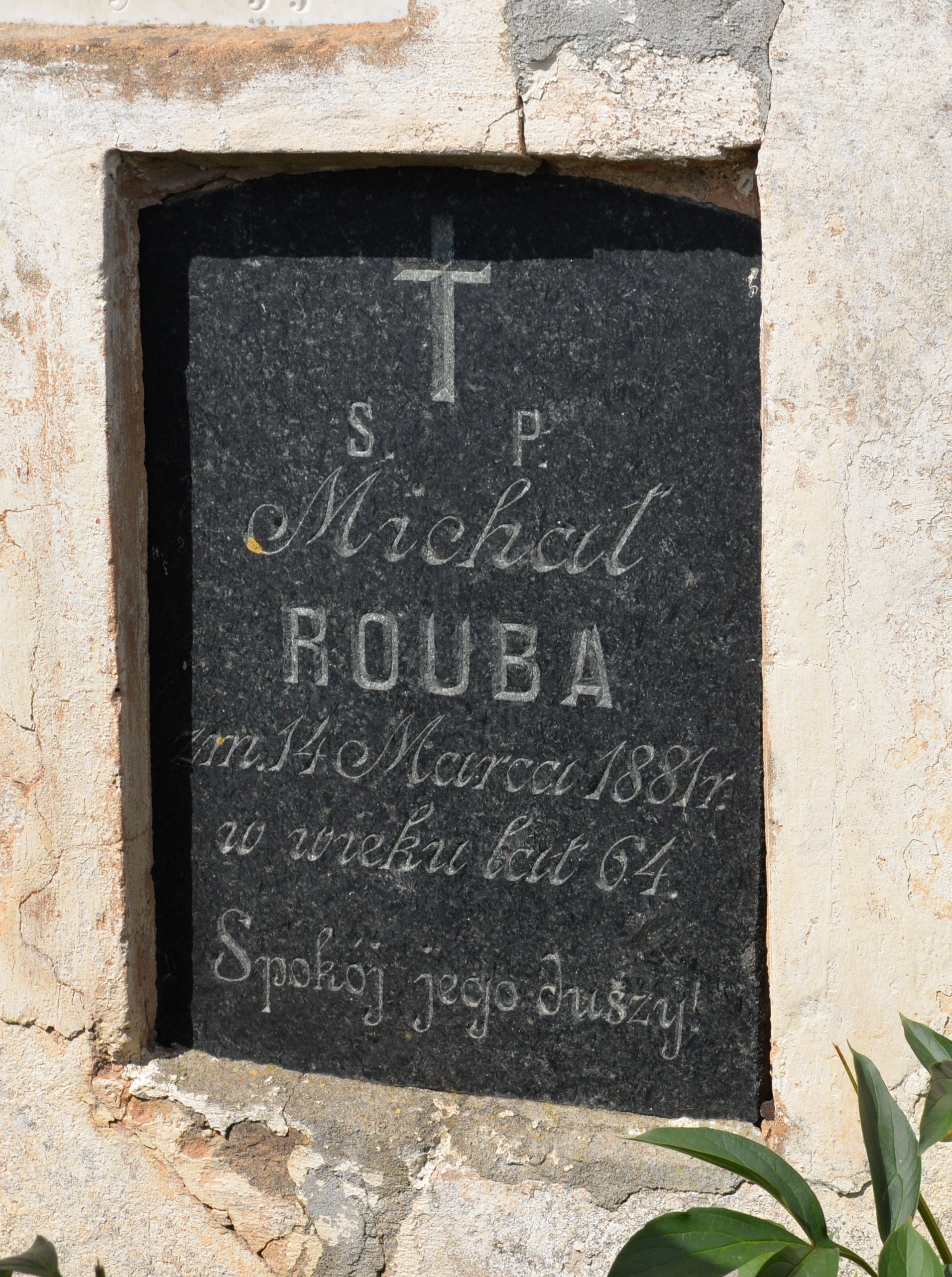 Gravestone of Michał Rouba on the cemetery in Szaty, with inscription in Polish: 'S.P. Michał Rouba zm. 14 Marca 1881 r. w wieku lat 64. Spokój jego duszy.'