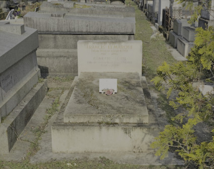 Grób Ginette i Nathana Korbów z cokołem schodkowym i lekko skośną płytą. Prostokątna stela u wezgłowia oraz tabliczka z białego marmuru z motywem gołębia.