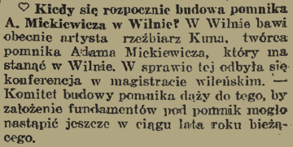 Nota prasowa z 1935 roku dotycząca budowy pomnika Adama Mickiewicza w Wilnie, wspominająca rzeźbiarza Kunę i konferencję w magistracie wileńskim.