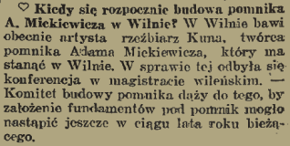 Nota prasowa z 1935 roku dotycząca budowy pomnika Adama Mickiewicza w Wilnie, wspominająca rzeźbiarza Kunę i konferencję w magistracie wileńskim.