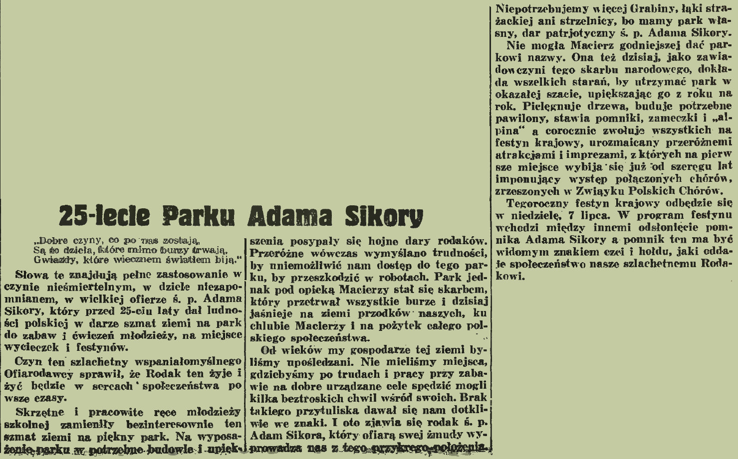 Newspaper article from 1935 about the 25th anniversary of Adam Sikora Park in Cieszyn, including details of an upcoming festival and unveiling of a monument to A. Sikora.