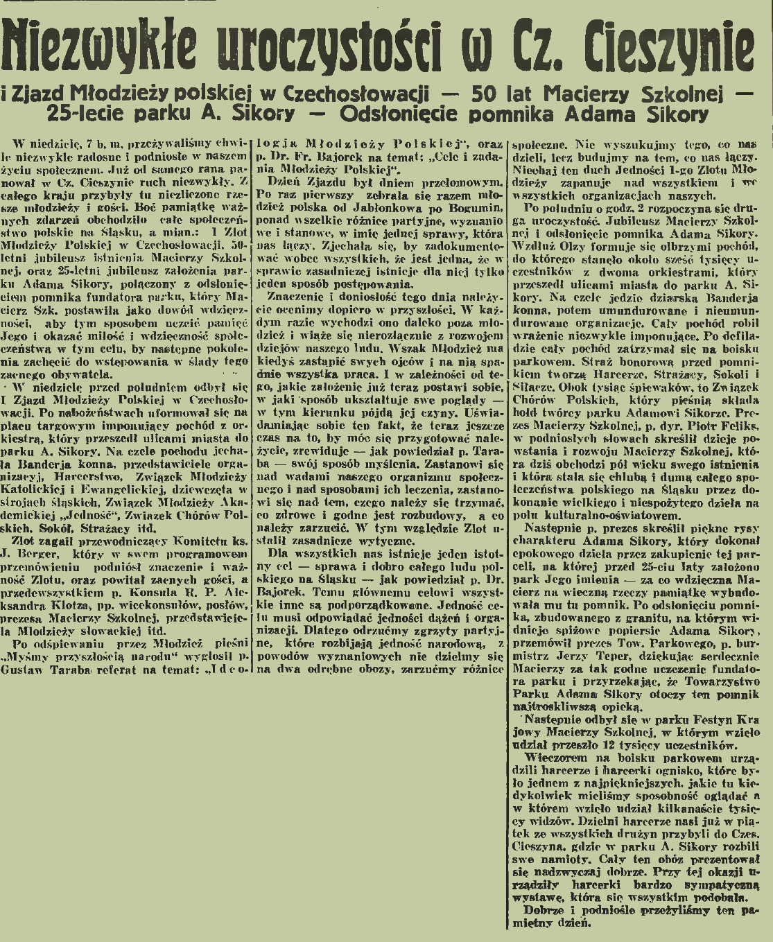 Page de journal du 'Dziennik Polski' à Czeski Cieszyn, 1935, décrivant le dévoilement du monument d'Adam Sikora et le 25e anniversaire du parc portant son nom. Inclut des informations sur le Congrès de la jeunesse polonaise en Tchécoslovaquie.