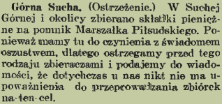 Wycinanka prasowa z 1935 roku ostrzegająca przed fałszywą zbiórką na pomnik Piłsudskiego w Górnej Suchej. Tekst informuje, że nikt nie jest upoważniony do prowadzenia takich zbiórek.