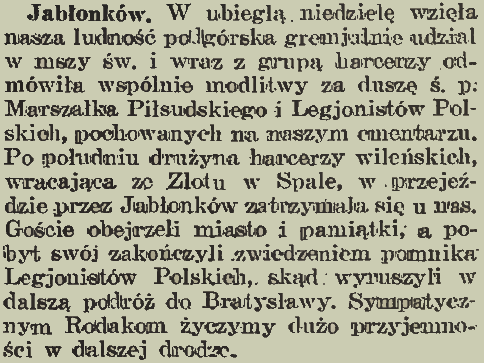 Fragment d'un journal de 1935 évoquant une messe pour le maréchal Pilsudski et les légionnaires polonais à Jablunkov, suivie d'une visite au monument des légionnaires et d'un voyage à Bratislava.