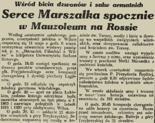 Artykuł prasowy zatytułowany 'Serce Marszałka spocznie w Mauzoleum na Rossie' przedstawiający program uroczystości złożenia serca Piłsudskiego w mauzoleum w Wilnie, 1936.