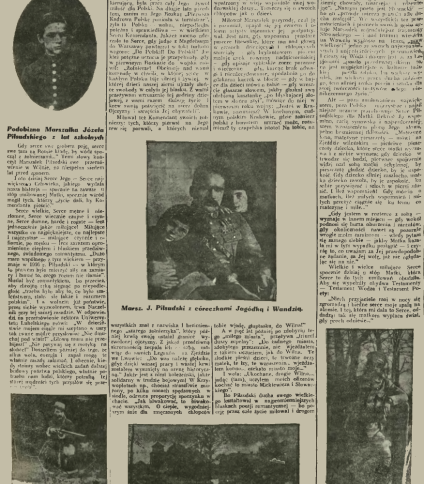 Strona gazety z 1936 roku zatytułowana 'Serce Marszałka' z tekstem i zdjęciami dotyczącymi Józefa Piłsudskiego. Zawiera zdjęcia Piłsudskiego z córkami, w mundurze wojskowym i podczas zesłania syberyjskiego.
