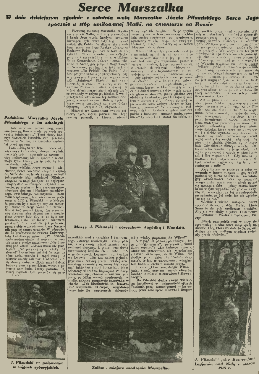 Strona gazety z 1936 roku zatytułowana 'Serce Marszałka' z tekstem i zdjęciami dotyczącymi Józefa Piłsudskiego. Zawiera zdjęcia Piłsudskiego z córkami, w mundurze wojskowym i podczas zesłania syberyjskiego.