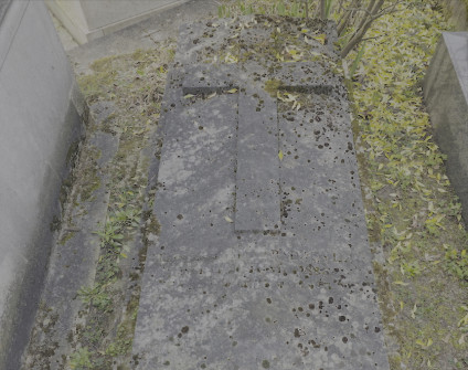 Nagrobek Adeli Radziwiłł z lekko skośną, schodkową podstawą i wypukłym krzyżem. Inskrypcja widoczna pod krzyżem. Otoczony zielenią i opadłymi liśćmi.