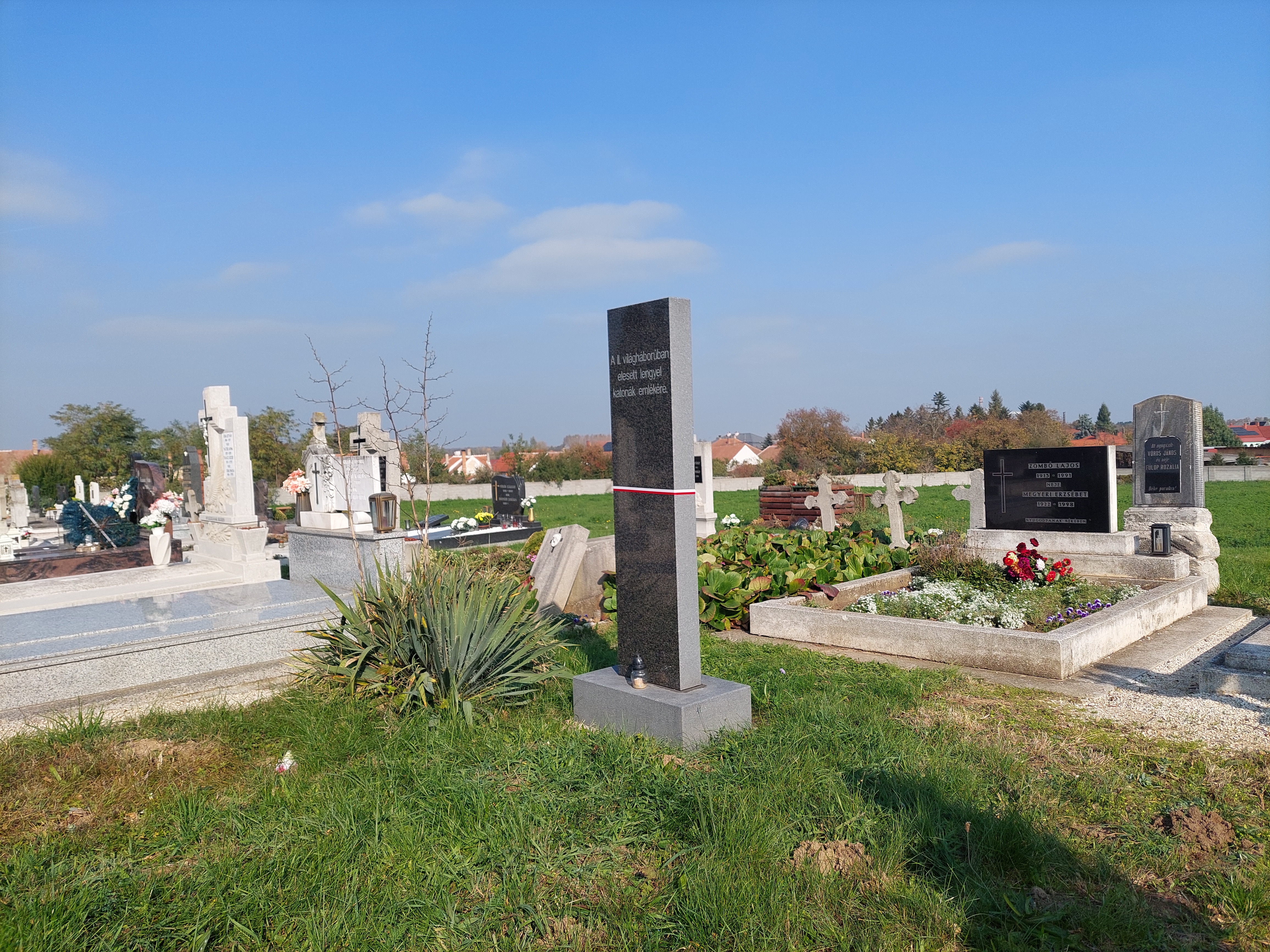 Graves of Polish soldiers in Fertőszentmiklós cemetery. A dark granite obelisk with Hungarian inscription stands among the graves, surrounded by greenery and flowers.