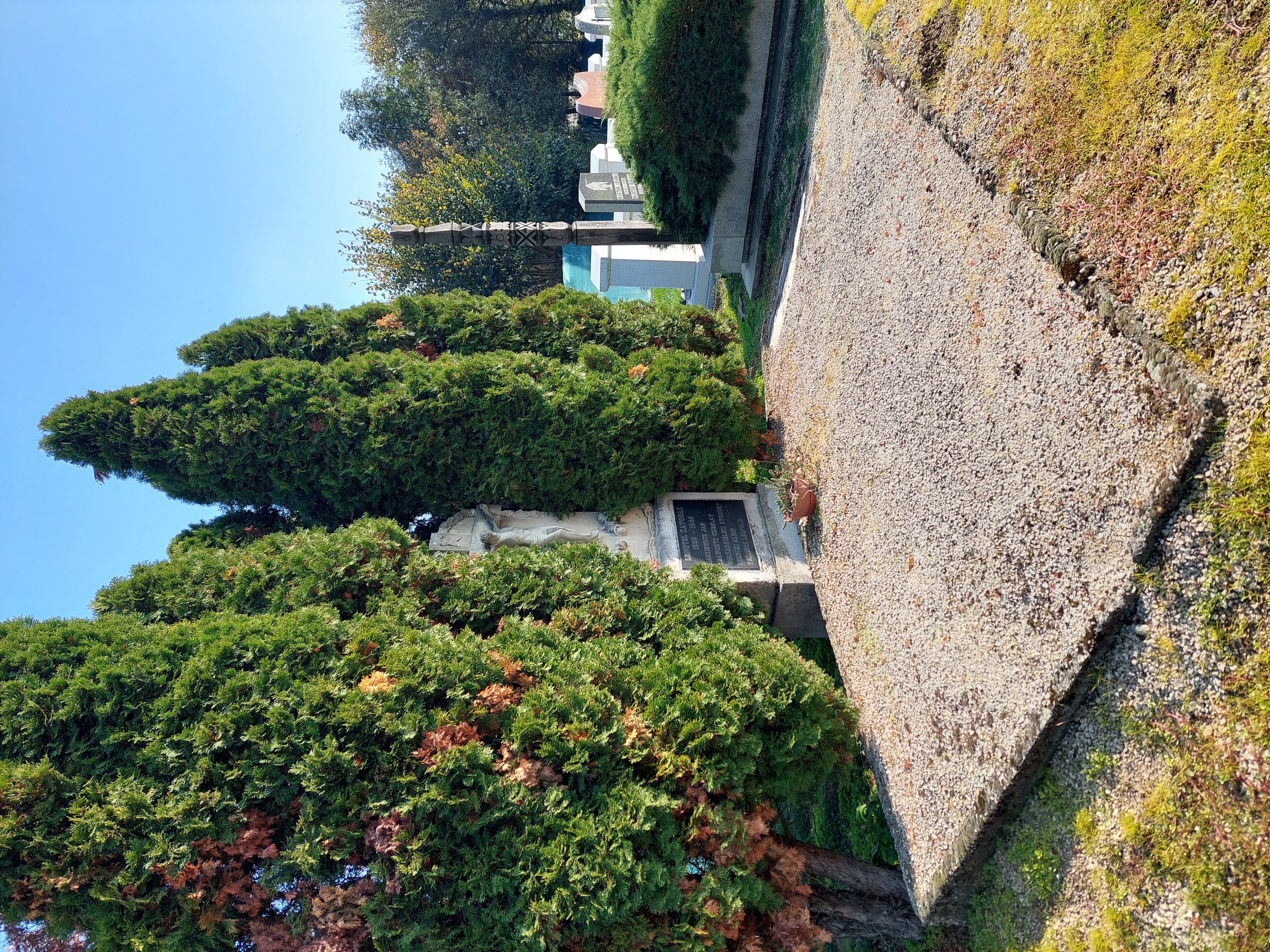 Grave of Polish refugees with a stone monument topped by a crucifix, surrounded by tall trees. A dark stone plaque with inscriptions is visible.