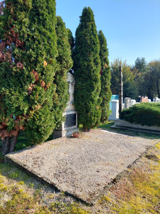 Grób polskich uchodźców z kamiennym pomnikiem zwieńczonym krzyżem, otoczony wysokimi drzewami. Widoczna jest ciemna kamienna tablica z inskrypcjami.