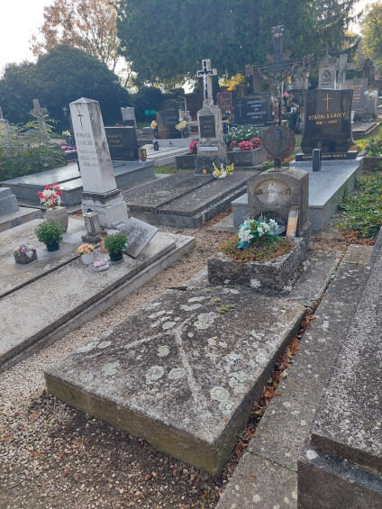 Groby polskich internowanych na cmentarzu w Nagycenk. Na pierwszym planie zwietrzały kamienny grób z porostami. W tle kilka nagrobków z krzyżami i inskrypcjami, otoczonych kwiatami i świecami.