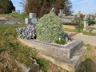 Grób polskiego żołnierza Stanisława Topija z betonowym krzyżem i owalną tabliczką. Grób wysypany gresem i ozdobiony roślinnością oraz zniczami.