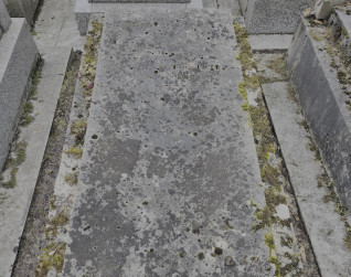 Płaska płyta kamienna na podmurówce z inskrypcją u wezgłowia. Powierzchnia wykazuje oznaki wietrzenia i porostu mchu.