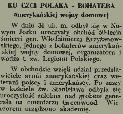 Wycinanka prasowa z 1937 roku opisująca obchody 50-lecia śmierci gen. W. Krzyżanowskiego na cmentarzu Greenwood w Nowym Jorku. Tekst podkreśla jego rolę w amerykańskiej wojnie domowej.