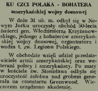 Wycinanka prasowa z 1937 roku opisująca obchody 50-lecia śmierci gen. W. Krzyżanowskiego na cmentarzu Greenwood w Nowym Jorku. Tekst podkreśla jego rolę w amerykańskiej wojnie domowej.