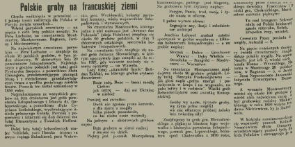 Artykuł prasowy z 1937 roku zatytułowany 'Polskie groby na francuskiej ziemi', omawiający polskie groby na paryskich cmentarzach jak Pere Lachaise i Montmartre, w tym znane postacie jak Chopin i uczestnicy powstania listopadowego.