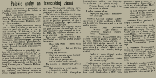 Artykuł prasowy z 1937 roku zatytułowany 'Polskie groby na francuskiej ziemi', omawiający polskie groby na paryskich cmentarzach jak Pere Lachaise i Montmartre, w tym znane postacie jak Chopin i uczestnicy powstania listopadowego.