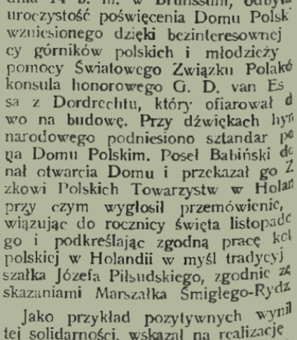 Wycinanka prasowa z 1937 roku opisująca uroczystość poświęcenia Domu Polskiego w Dordrecht w Holandii, zbudowanego dzięki pomocy polskich górników i młodzieży.