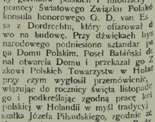 Wycinanka prasowa z 1937 roku opisująca uroczystość poświęcenia Domu Polskiego w Dordrecht w Holandii, zbudowanego dzięki pomocy polskich górników i młodzieży.
