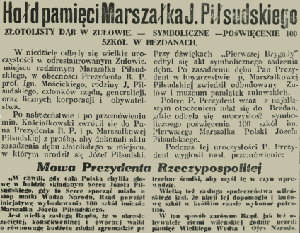 Artykuł prasowy zatytułowany 'Hołd pamięci Marszałka J. Piłsudskiego' opisujący uroczystości w Zułowie, w tym symboliczne sadzenie dębu i przemówienia Prezydenta RP w 1937 roku.