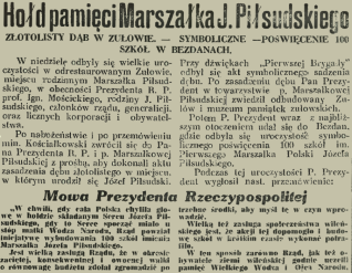 Artykuł prasowy zatytułowany 'Hołd pamięci Marszałka J. Piłsudskiego' opisujący uroczystości w Zułowie, w tym symboliczne sadzenie dębu i przemówienia Prezydenta RP w 1937 roku.