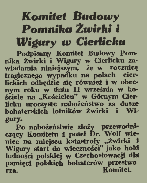 Nota z 1938 roku Komitetu Budowy Pomnika Żwirki i Wigury w Cierlicku, informująca o nabożeństwie i złożeniu wieńca dla pilotów w Górnym Cierlicku.