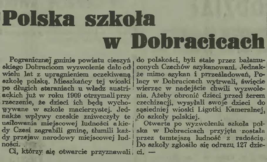Article de journal intitulé 'Polska szkoła w Dobracicach' discutant de la création d'une école polonaise à Dobracice, République tchèque, en 1938, avec contexte historique et mention de l'inscription de 127 enfants.