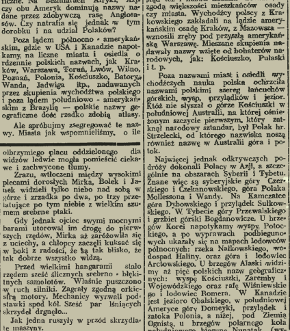 Artykuł prasowy zatytułowany 'Nazwy polskie na kuli ziemskiej' z 1938 roku, omawiający miejsca geograficzne i zabytki nazwane po polskich podróżnikach i twórcach, z tekstem po polsku.