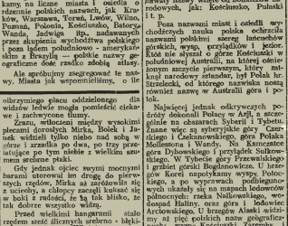 Artykuł prasowy zatytułowany 'Nazwy polskie na kuli ziemskiej' z 1938 roku, omawiający miejsca geograficzne i zabytki nazwane po polskich podróżnikach i twórcach, z tekstem po polsku.